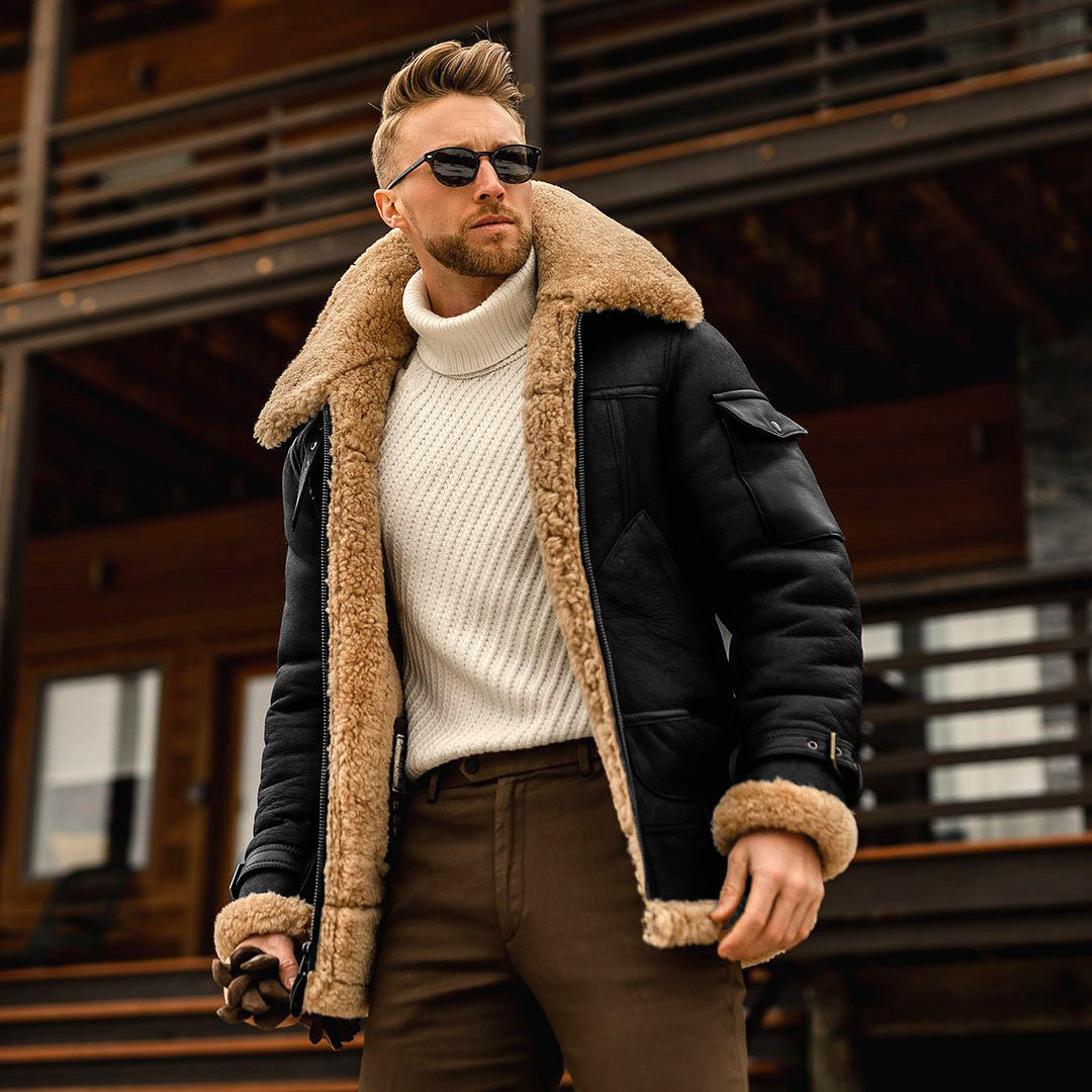 Front view of a rugged men's aviator jacket with shearling collar, perfect casual outerwear for enduring warmth.
