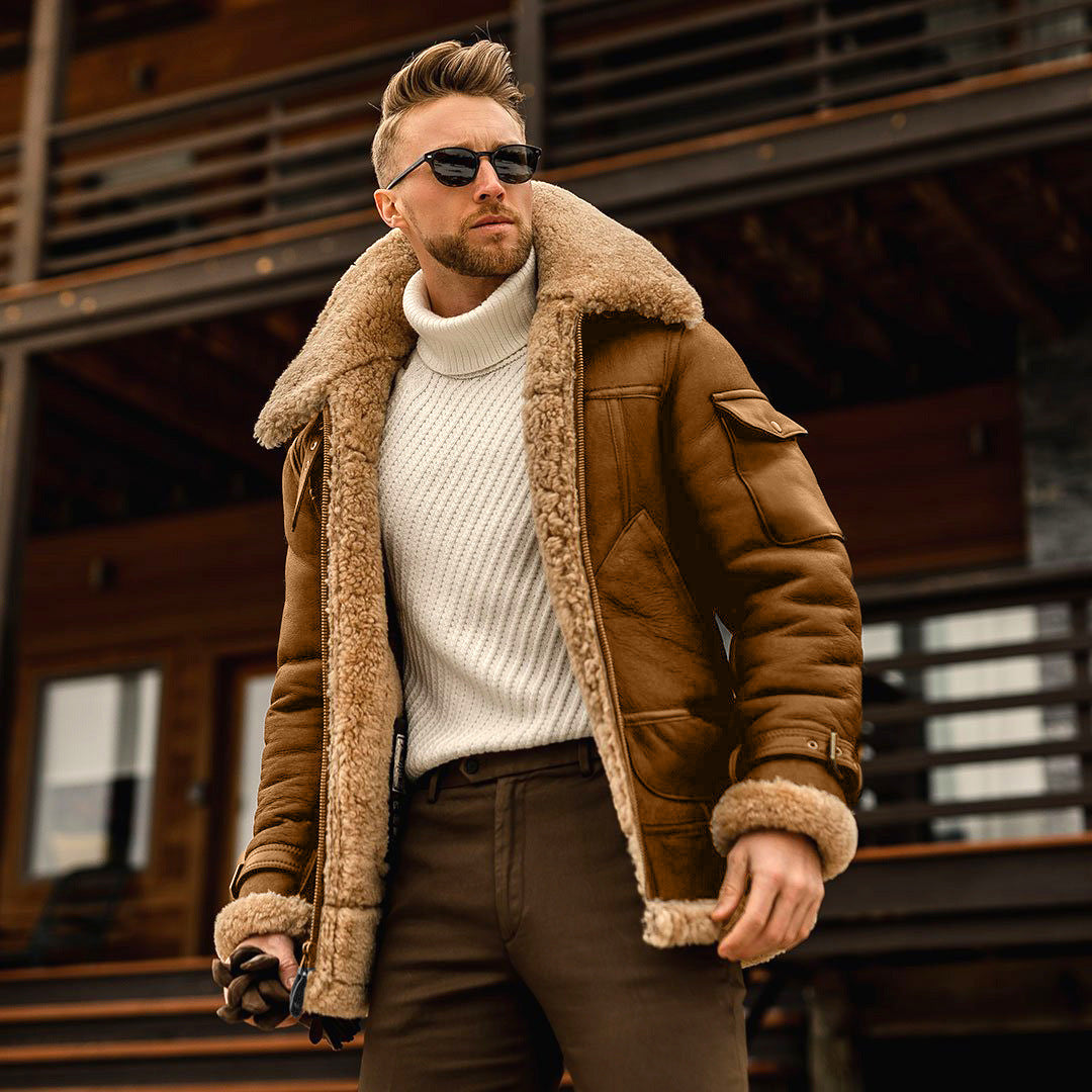 Stylish men's shearling aviator jacket, a timeless classic providing ultimate warmth & comfort in winter.