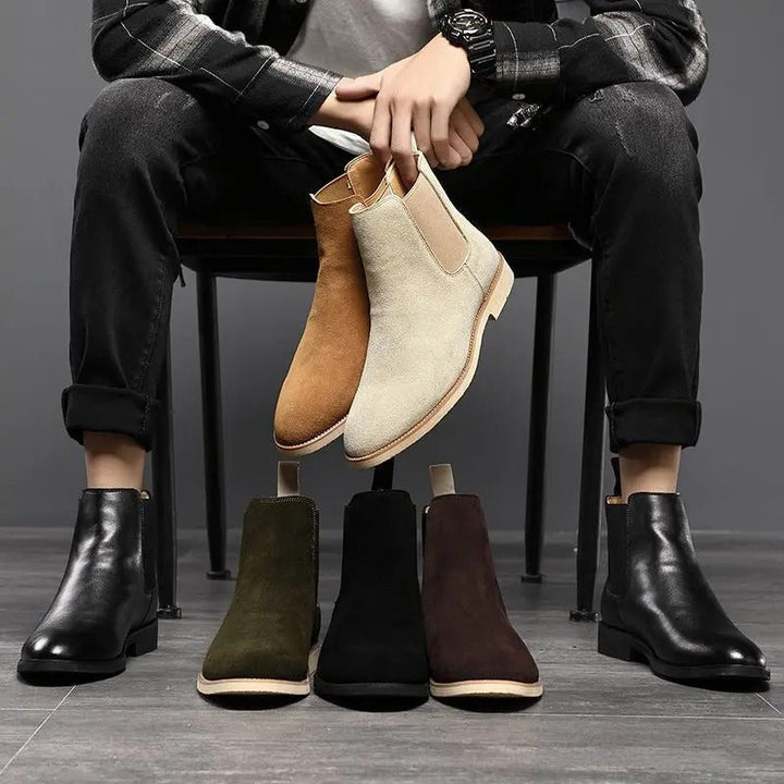 Men's casual shoe collection featuring classic suede Chelsea ankle boots.