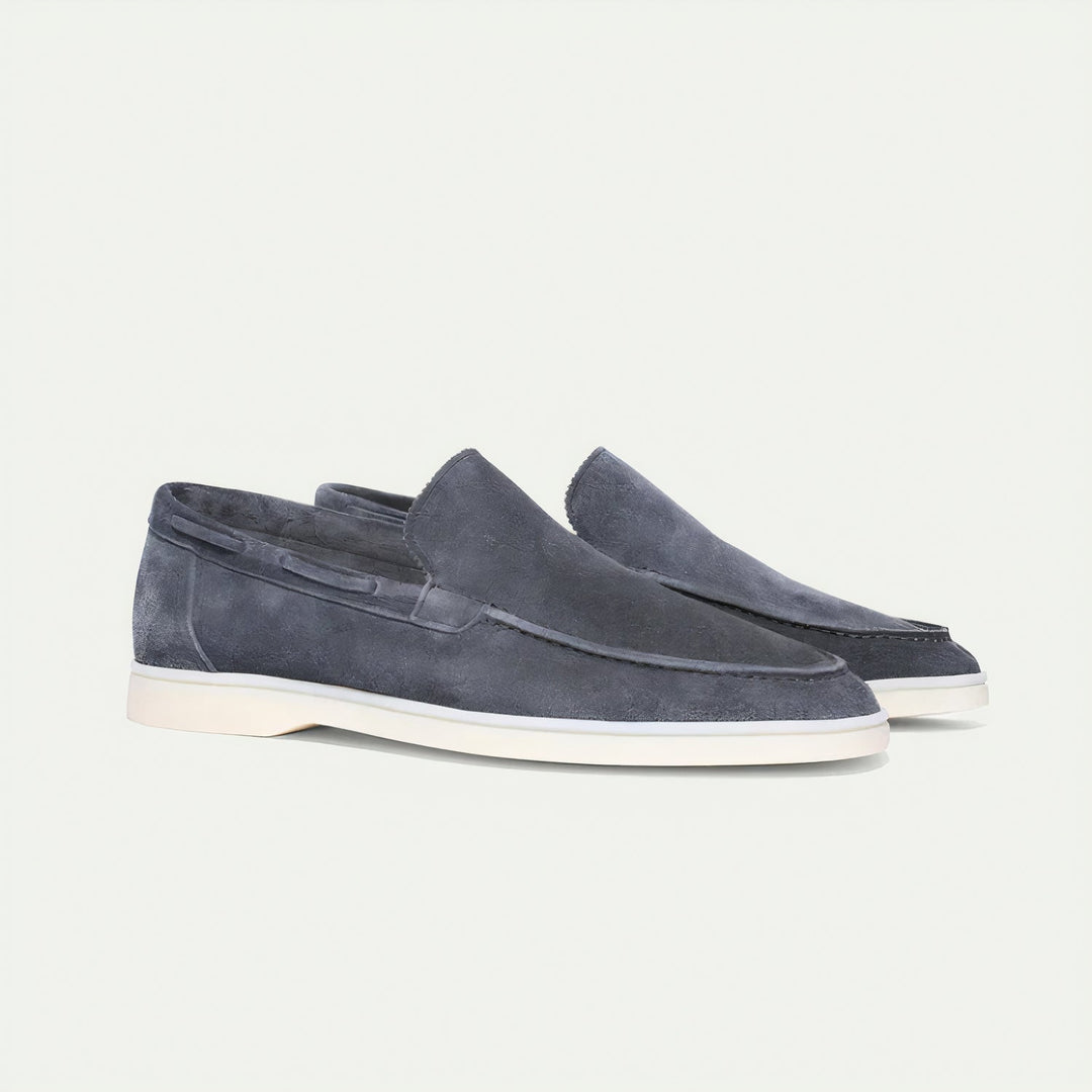 Stylish men's charcoal suede slip-on shoes, perfect for smart casual occasions
