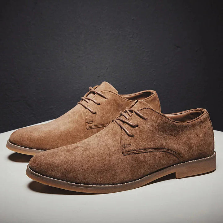 Close-up of comfortable men's suede oxford shoes, showcasing quality craftsmanship.