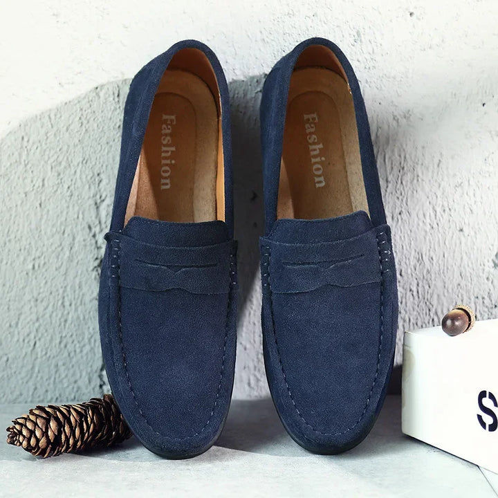 Men's classic brown suede penny loafers, slip-on smart casual style for spring and summer.