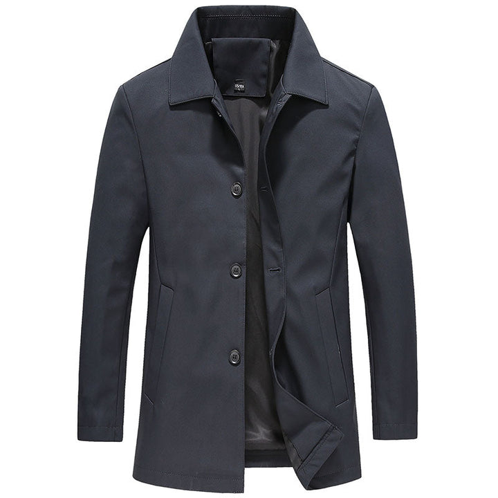 Classic men's collared jacket with button-down front, versatile for various occasions & modern fashion.