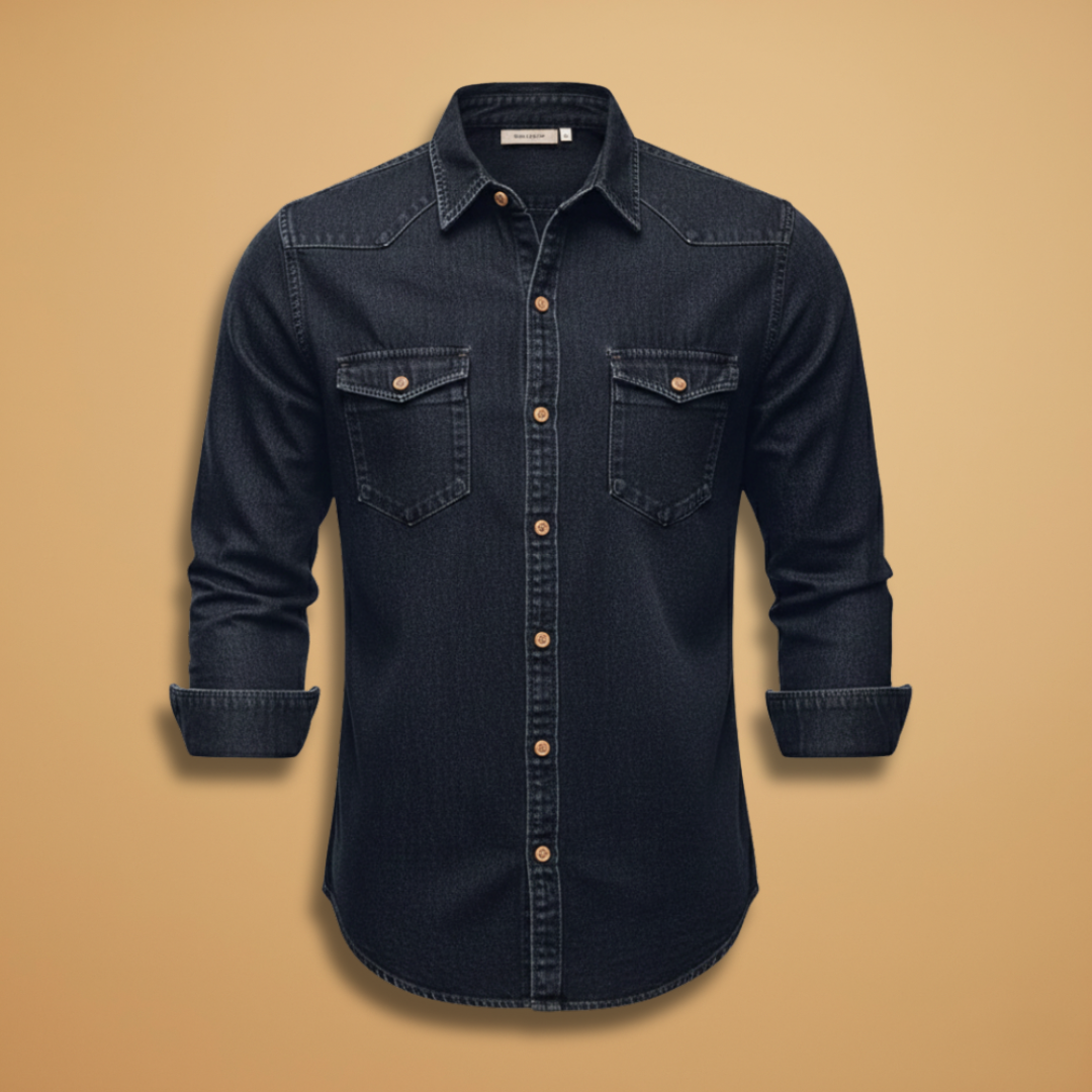 Men's classic button-down denim shirt, long sleeve, casual wear staple.