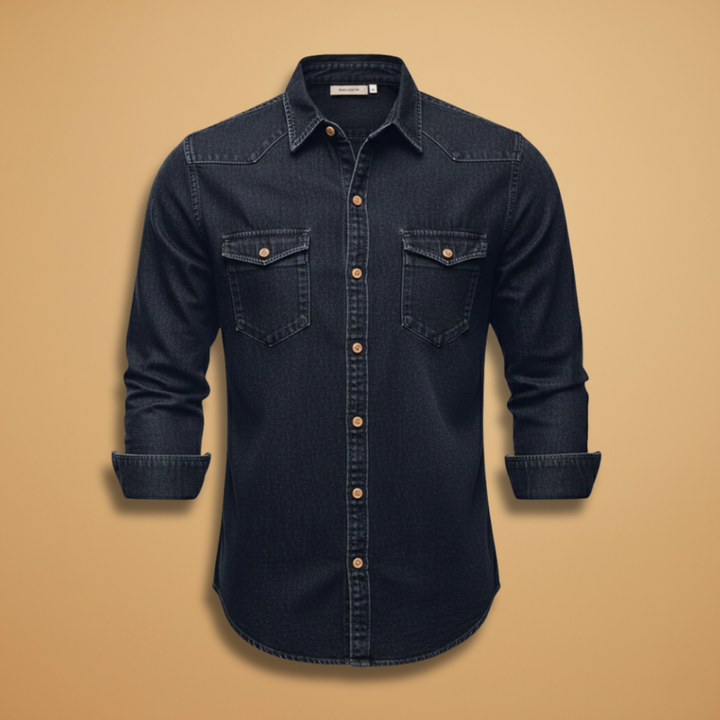 Men's classic button-down denim shirt, long sleeve, casual wear staple.