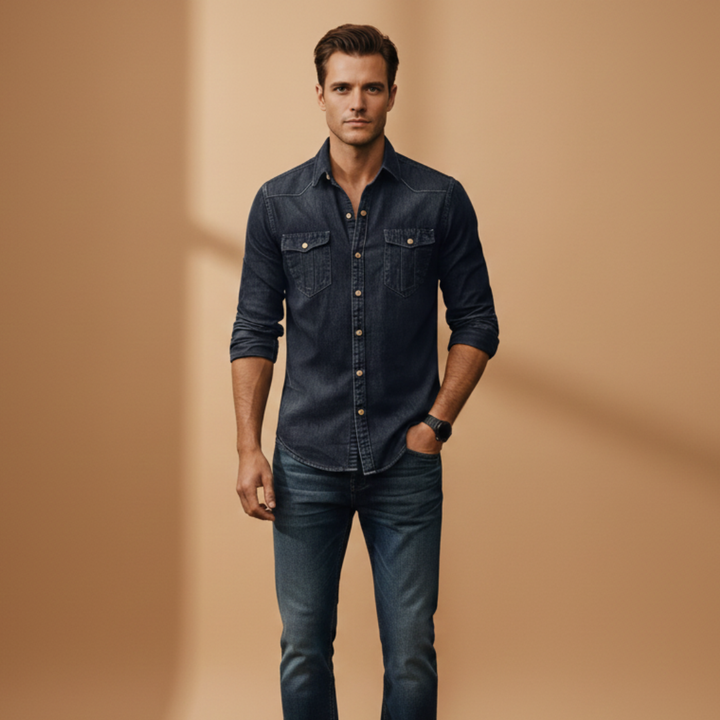 Durable men's denim shirt featuring two chest pockets and button-down closure.