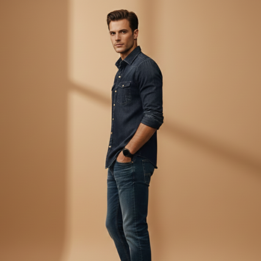 Workwear essential: Men's button-down denim shirt with practical chest pockets.