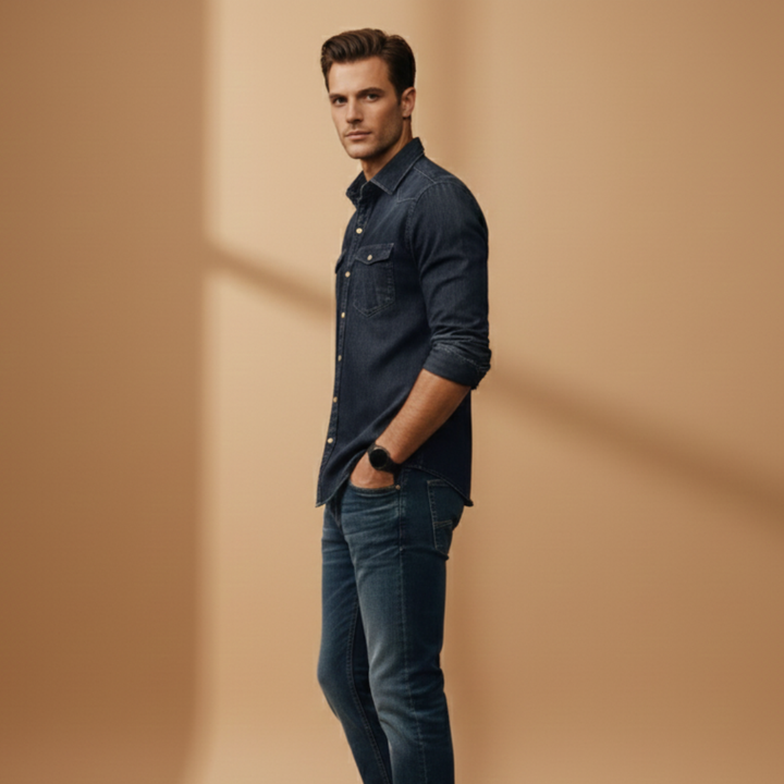 Workwear essential: Men's button-down denim shirt with practical chest pockets.
