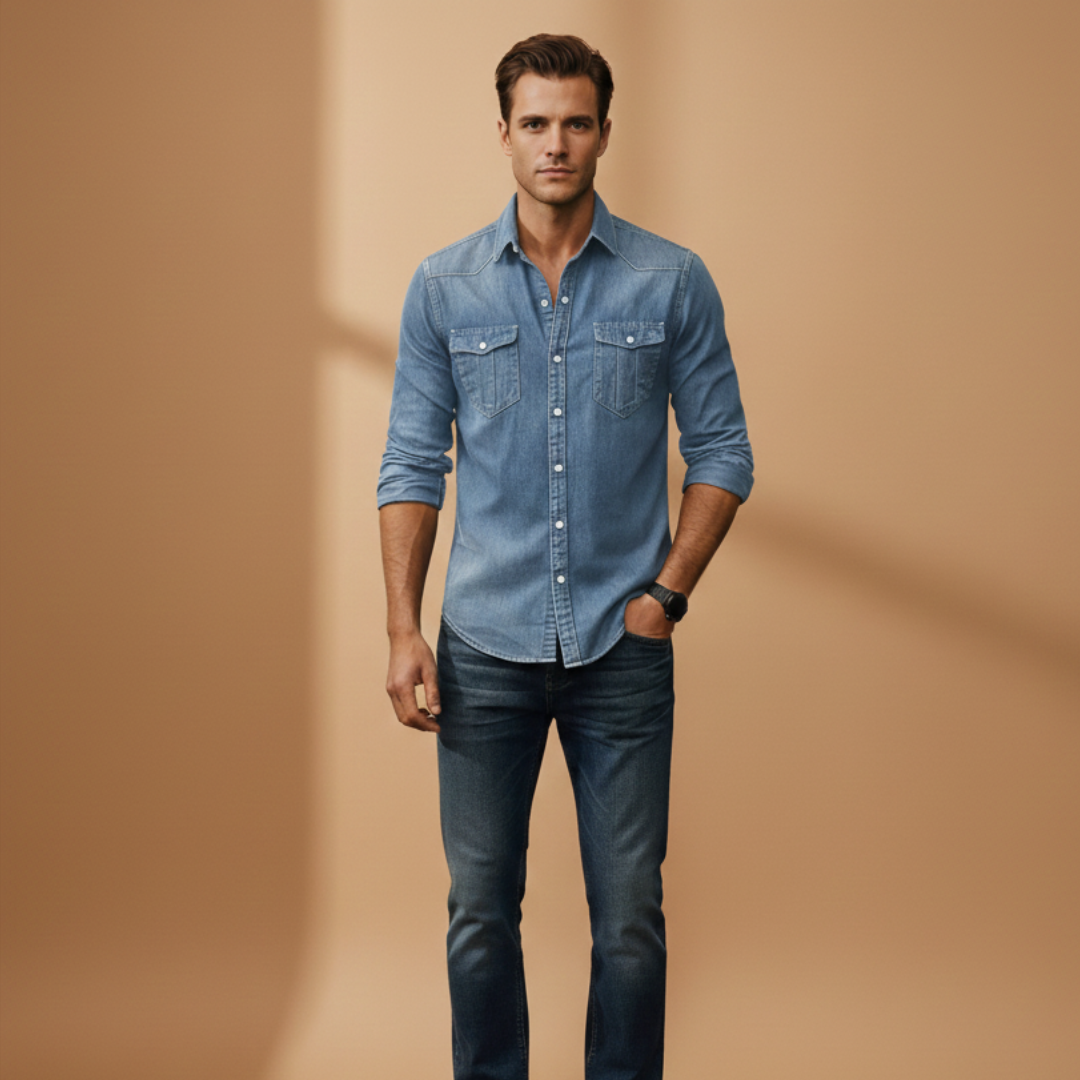 Iconic men's casual denim shirt, featuring a button-down front and chest pockets.