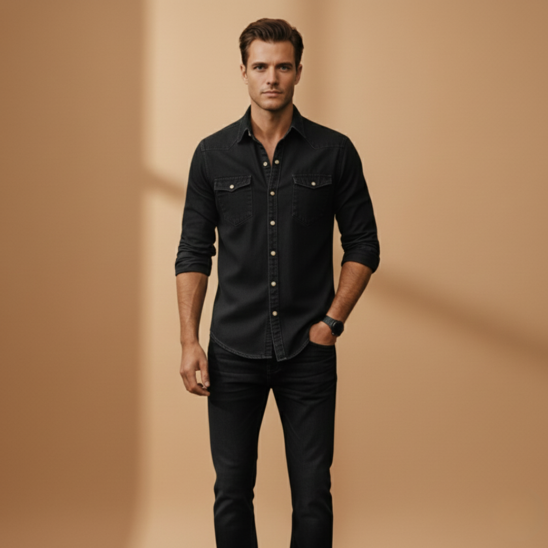 Versatile men's button-down shirt in classic denim fabric, perfect for layering.