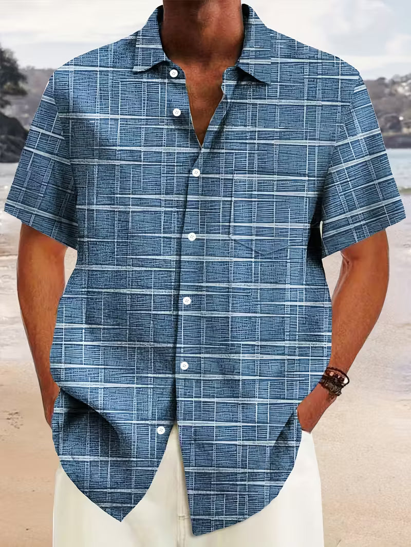 Versatile men's black short sleeve button shirt, great for summer, beach, or effortless casual style.
