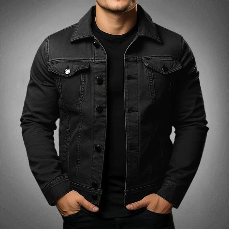 Army green men's classic button-up jacket, ideal for a casual, timeless everyday look.