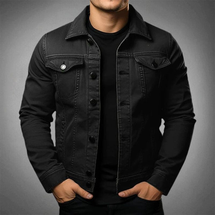 Army green men's classic button-up jacket, ideal for a casual, timeless everyday look.