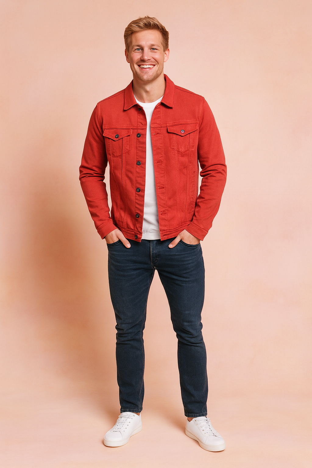 Durable men's classic button-up jacket with front pockets, a timeless piece of men's clothing.
