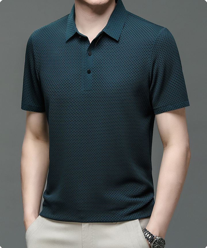 Front view of a men's classic button-up polo shirt. Elegant yet casual, perfect for summer comfort.