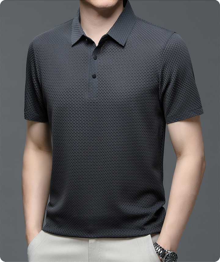 Casual men's button-up polo shirt, designed for comfort and effortless summer style. Short sleeves.