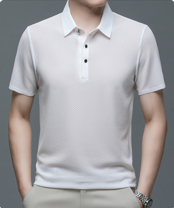 Everyday men's classic button-up polo shirt. Comfortable short sleeve top, ideal for versatile summer fashion.