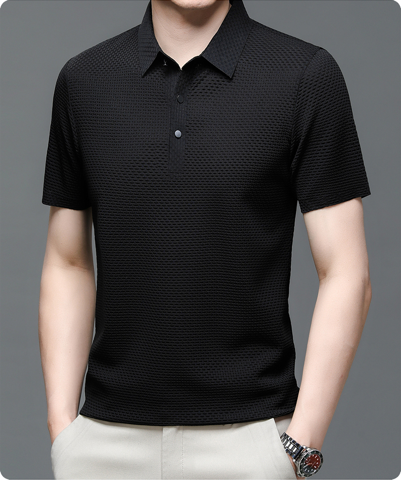 Man wearing a classic men's button-up polo shirt. Comfortable short sleeve top for stylish casual outfits.