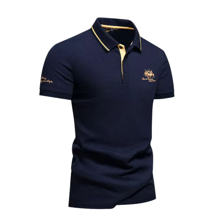 Short-sleeve men's button-up polo shirt. Versatile for casual or smart casual outfits, a classic everyday style.