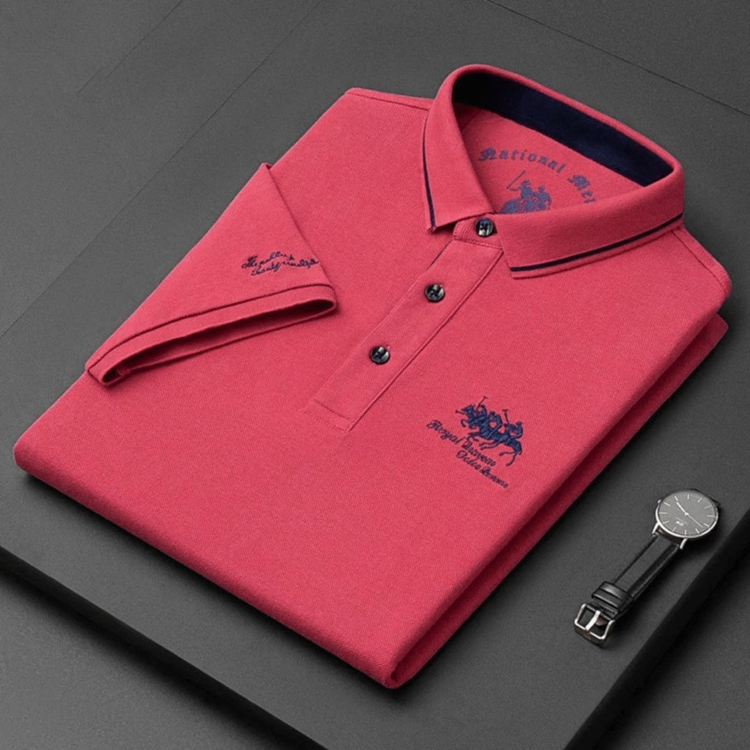 Versatile men's polo shirt with button-up collar. Essential short-sleeve apparel for refined everyday and smart casual.