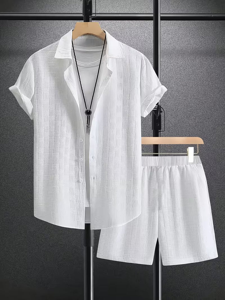 Stylish men's casual button shirt and shorts set with a relaxed fit. Great for summer fashion and holiday apparel.