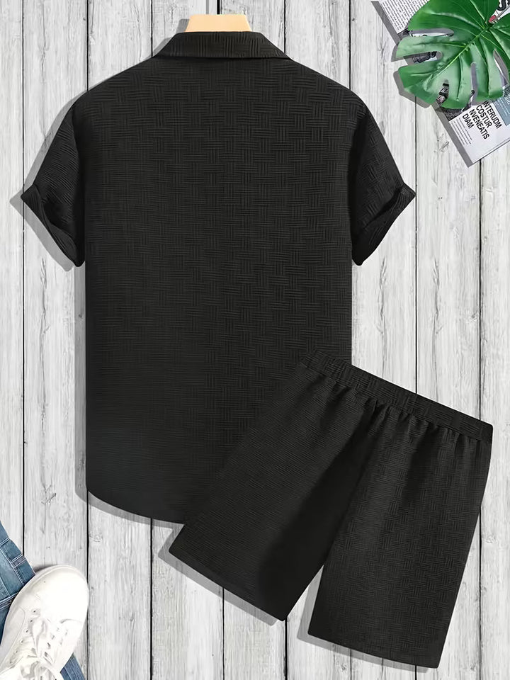 Men's classic summer set: a button-up shirt and comfortable shorts, designed for everyday casual wear.
