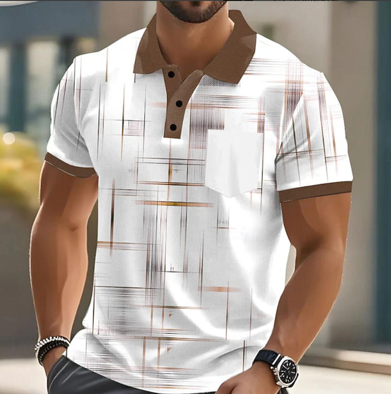 Stylish men's long-sleeve geometric patterned button-up shirt. Versatile for casual & smart casual wear.