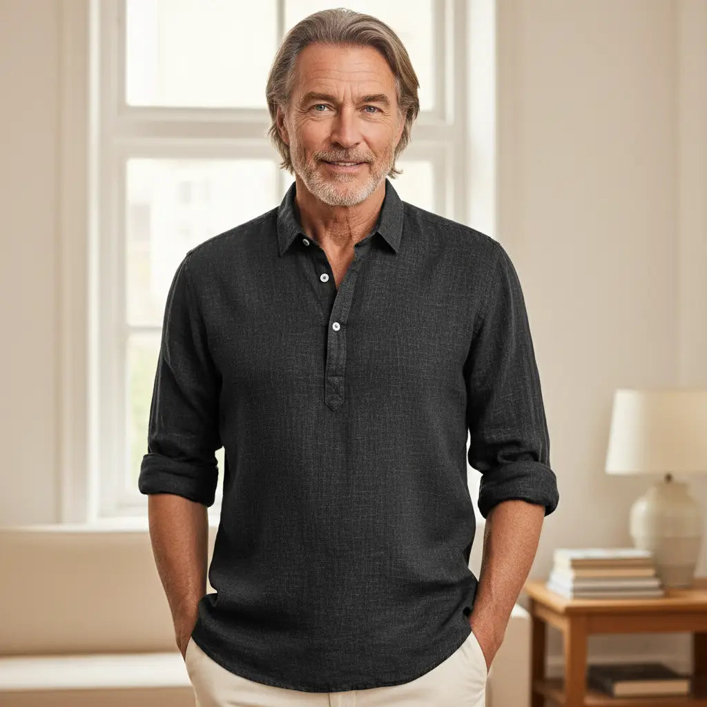 Men's classic button-up summer shirt, short sleeve, tailored fit, perfect for casual or smart-casual effortless style.