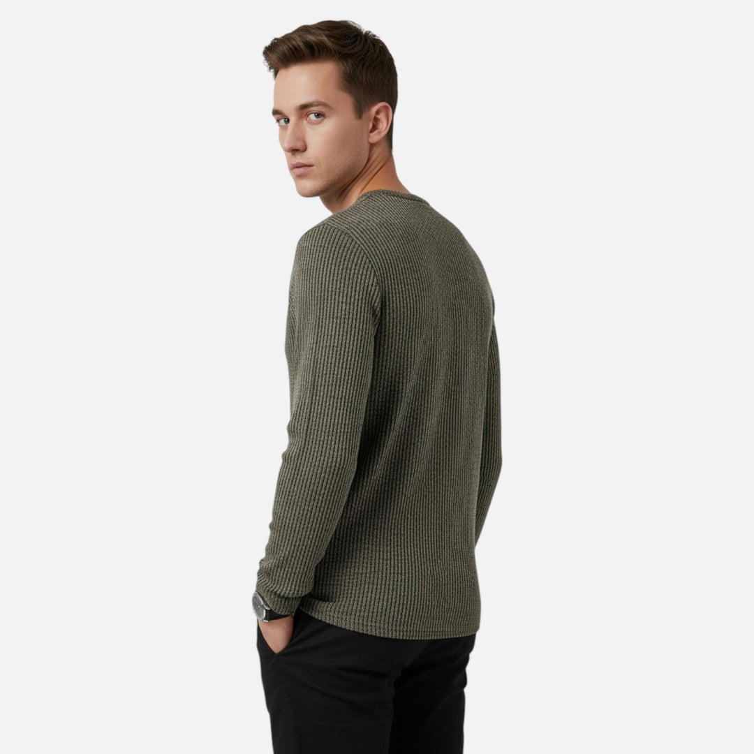 Versatile men's cable-knit henley sweater. Ideal knitwear for spring fashion, autumn style & casual layering.