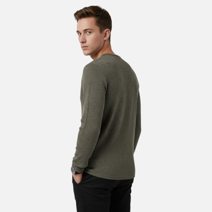 Versatile men's cable-knit henley sweater. Ideal knitwear for spring fashion, autumn style & casual layering.
