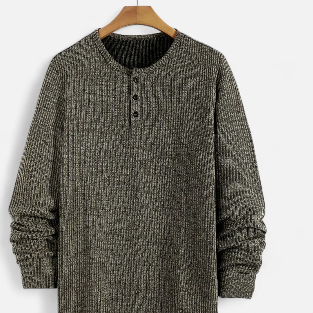 Soft men's cable-knit henley sweater, a comfortable pullover for everyday casual wear. Classic autumn style.