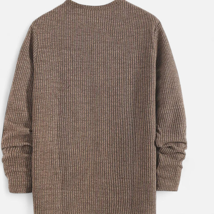 Elegant men's cable-knit henley sweater, perfect for a sophisticated casual look. Great spring & autumn layering.