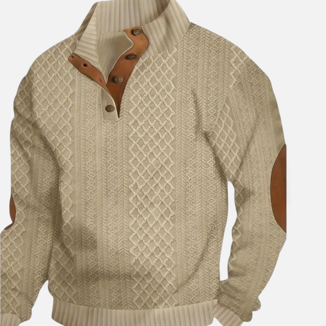Men's classic cable-knit pullover sweater with stand collar in a warm winter hue.