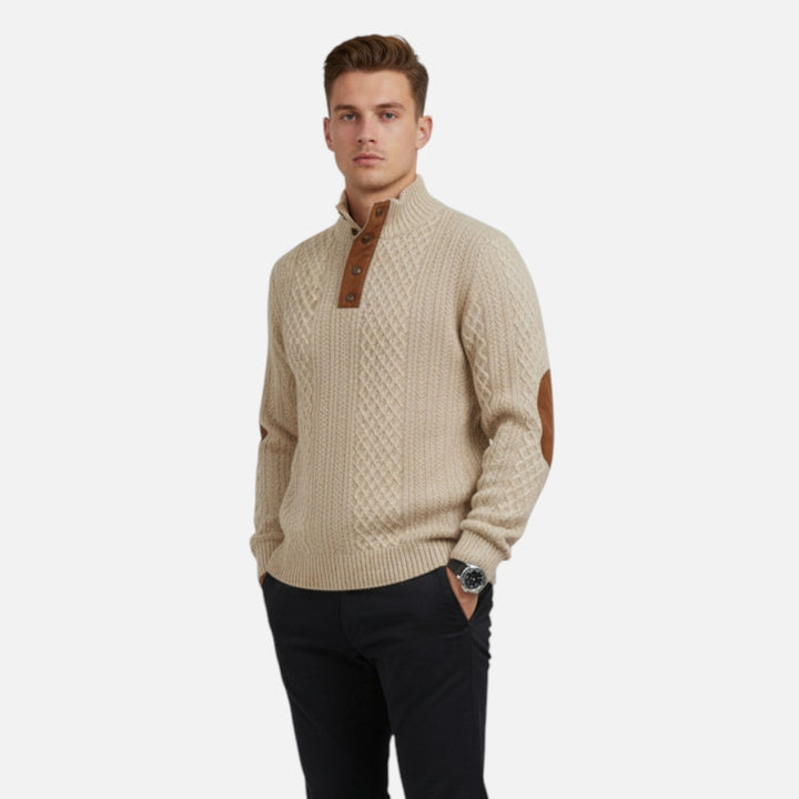Cozy men's cable knit sweater featuring a stylish stand-up collar for warmth.