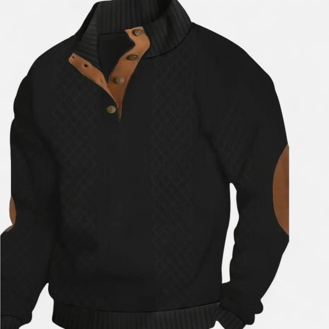 Men's winter fashion: A versatile stand-collar cable knit sweater for layering.