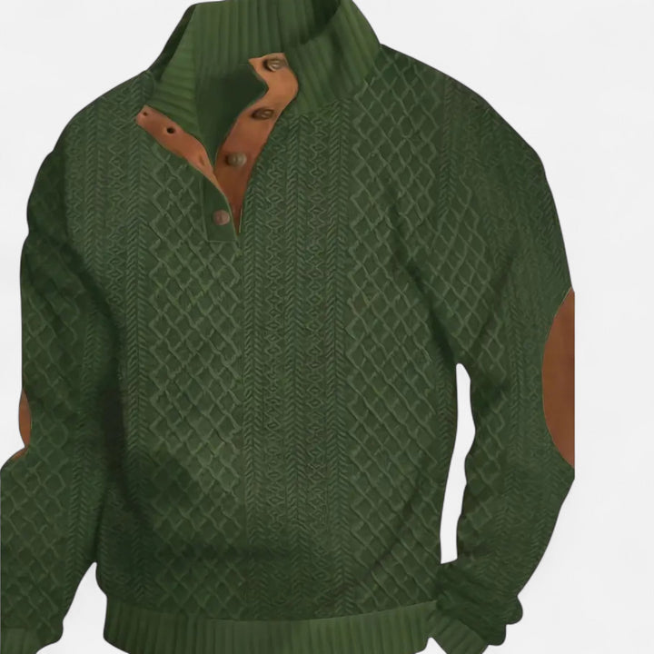Effortless style: Men's pullover sweater with traditional cable knit and stand collar.
