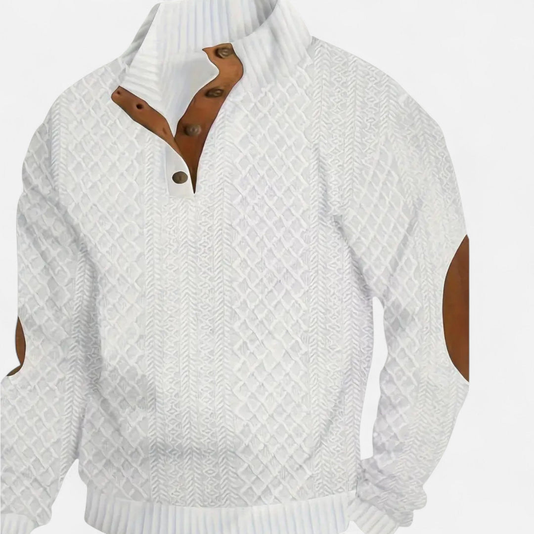 Stay warm this winter in a men's classic cable knit sweater with a chic stand collar.