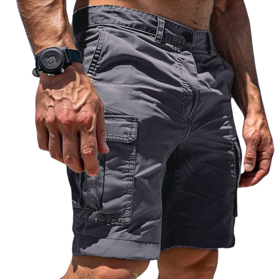 Men's classic cargo utility shorts in tan, perfect for everyday comfort & casual summer wear.