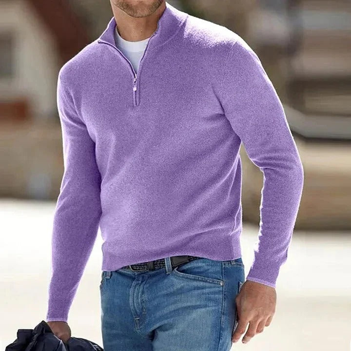 Close-up of the fine knit texture on a men's luxurious soft cashmere sweater.