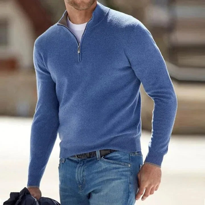 Men's v-neck cashmere sweater in a rich burgundy, ideal for layering in cold weather.