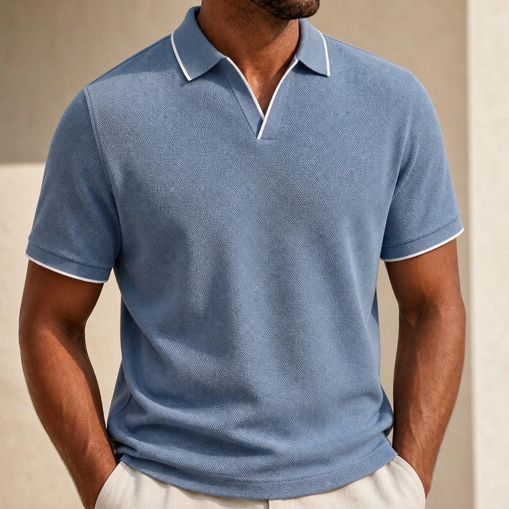 Stylish men's knit polo shirt, classic collar. A comfortable summer top & versatile casual wear.