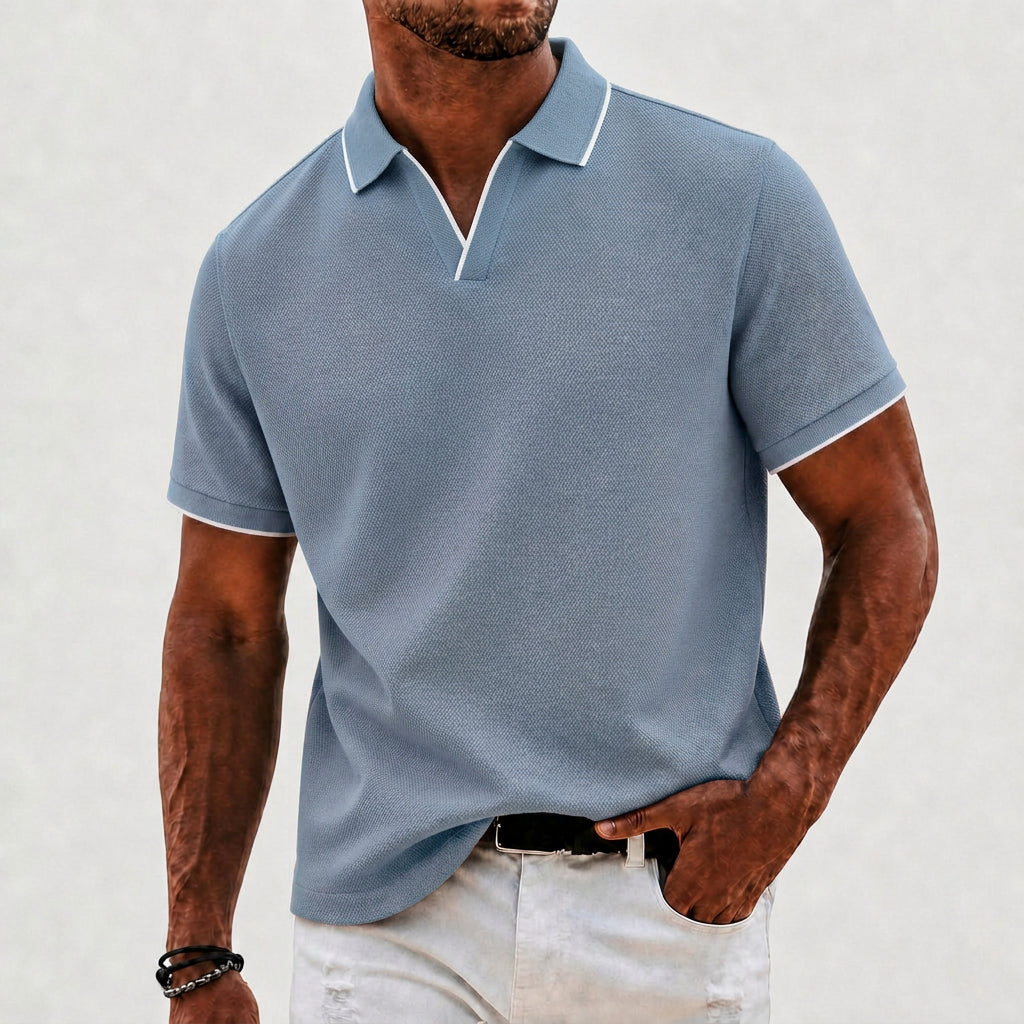 Men's classic collar knit polo shirt. Essential menswear for smart-casual, summer, & everyday comfort.