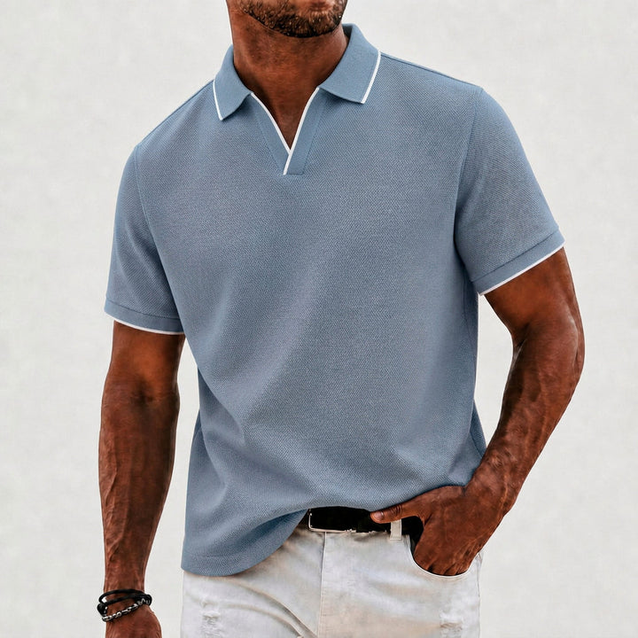 Men's classic collar knit polo shirt. Essential menswear for smart-casual, summer, & everyday comfort.