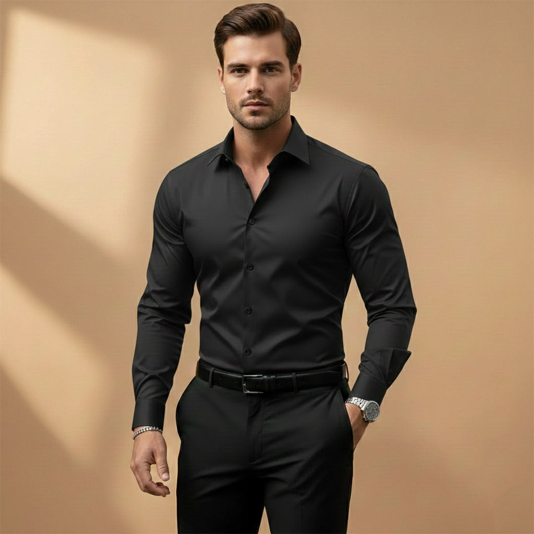 Close-up of men's dress shirt collar and buttons, showcasing formal wear quality.