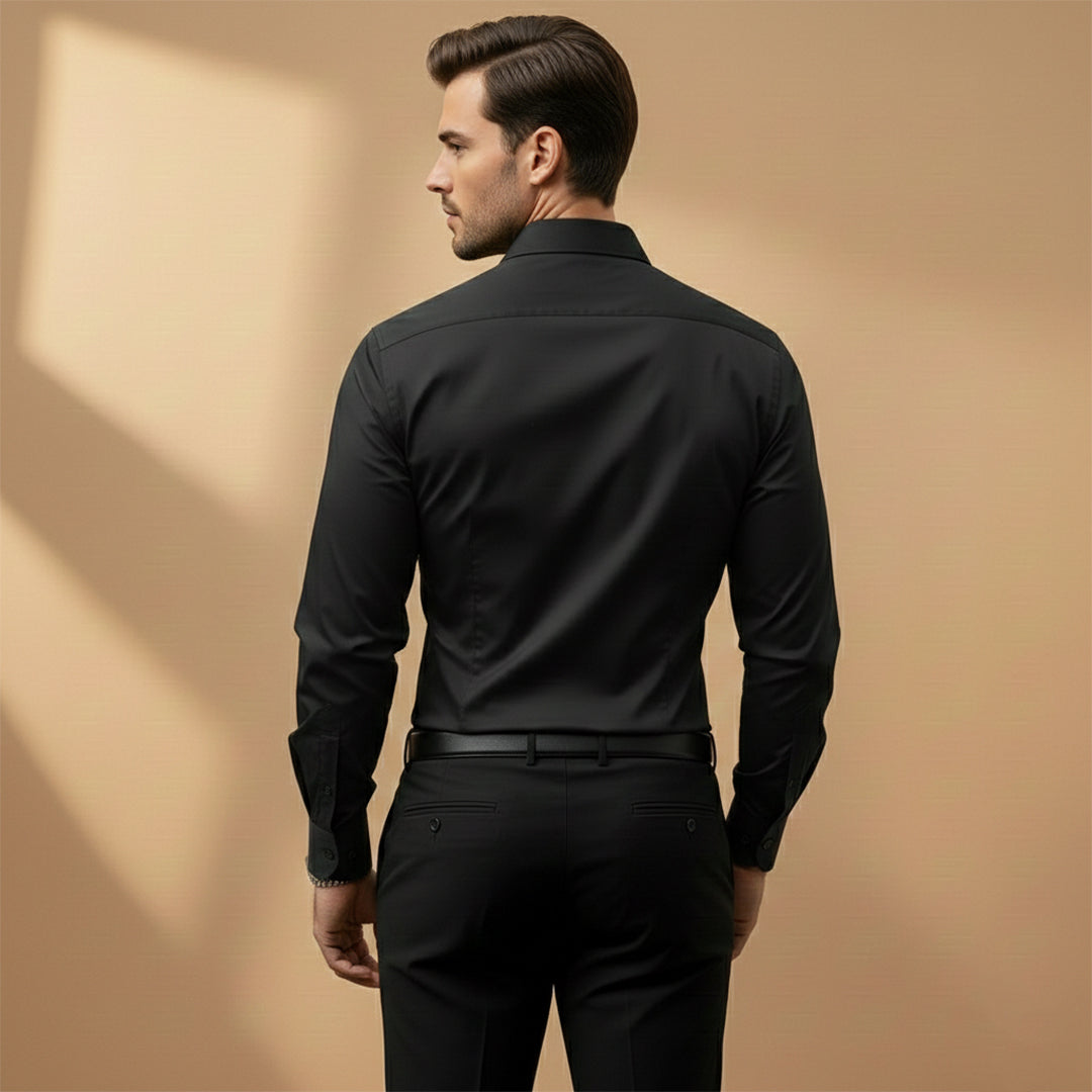 A man wearing a classic collar long-sleeve dress shirt, demonstrating its smart casual look.