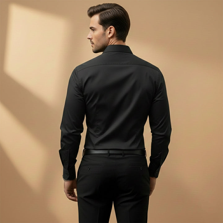 A man wearing a classic collar long-sleeve dress shirt, demonstrating its smart casual look.
