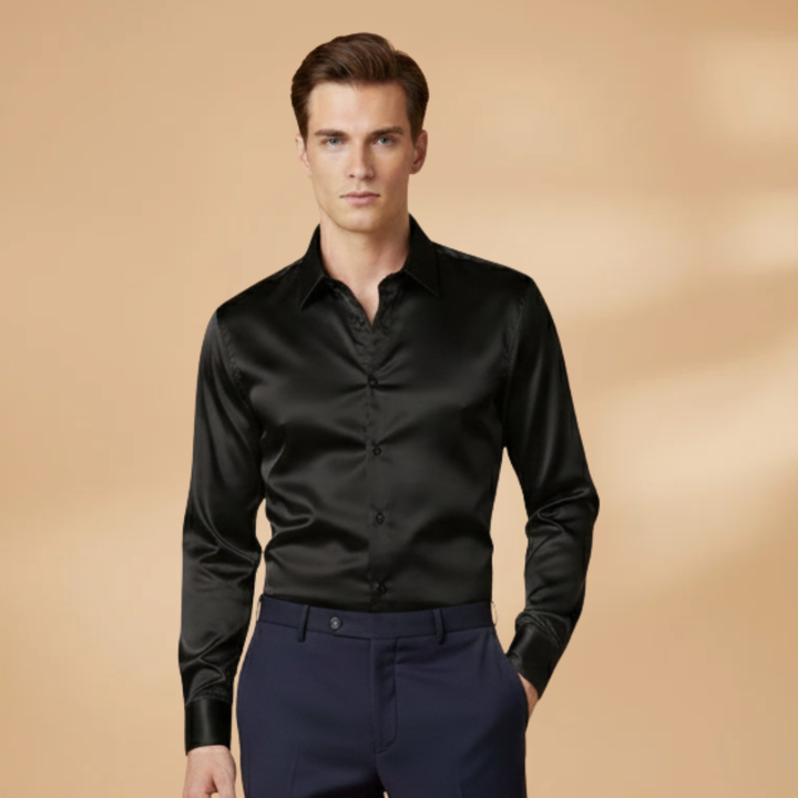Model demonstrating the versatility of the men's classic collar shirt for various occasions.