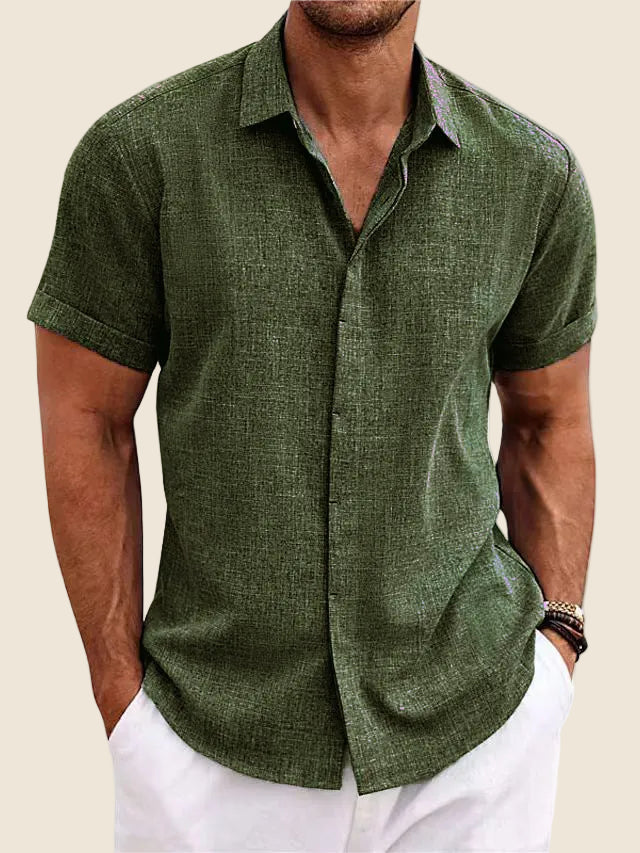 Back view of a relaxed fit men's short-sleeve summer shirt. Ideal for casual wear, men's fashion, and holiday style.