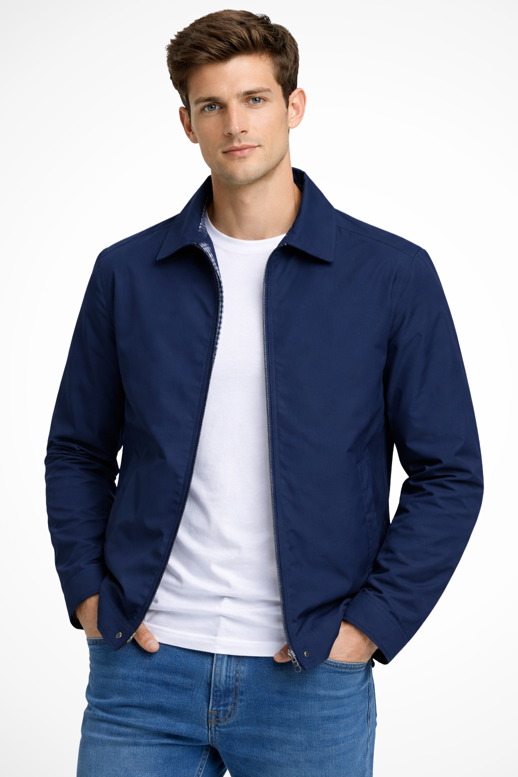 Men's classic collared Harrington jacket with stylish check lining, perfect for smart casual outerwear.