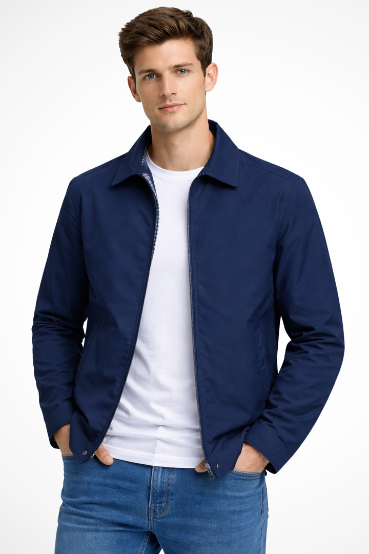 Men's classic collared Harrington jacket with stylish check lining, perfect for smart casual outerwear.